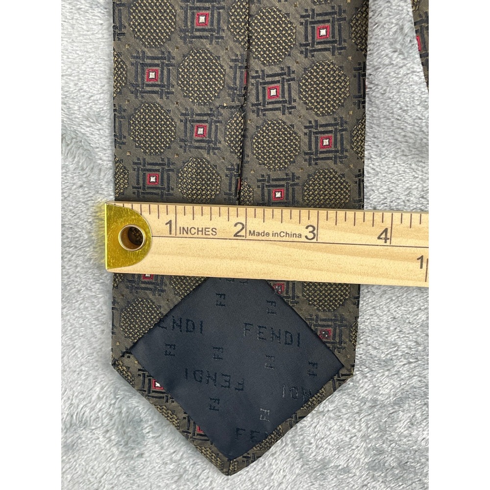 Fendi Mens Silk Geometric Print Classic Neck Tie Green Brown Size O/S Made Italy - Picture 6 of 6